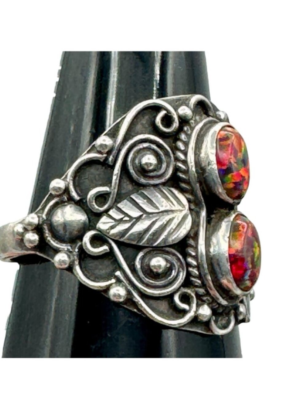 Vintage Sterling Silver Double Opal Ring Southwestern Ornate Setting Sz 8.25 - Picture 6 of 16